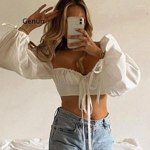 T-shirts pour femmes manches ballon blancs élégants femmes top et chemisier automne 2024 Sexy backless crop tops solide mode Blusas