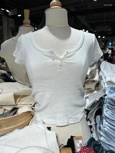 T-shirts Femmes Boutons Blancs Côtelés Chemise Slim Pour Femmes Été Col Rond Casual T-shirts De Base Vêtements Femme Vintage Solide Coton Crop Top