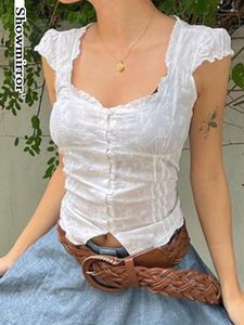 Camisetas de mujer Camiseta corta con cuello cuadrado de encaje blanco Camiseta linda con flores de princesa Camiseta recortada de manga corta con pecho