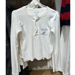 T-shirts pour femmes Blanc Haut à manches longues Demi-cou Coton All-Match Base American Vintage Henry Shirt Sailing Print