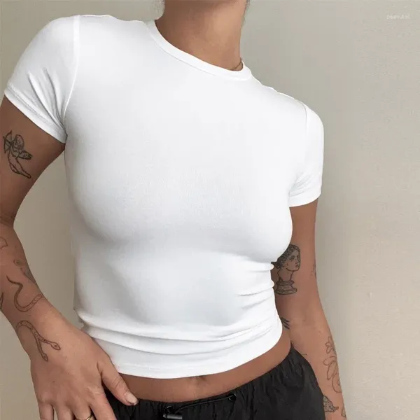 T-shirts Femmes Blanc T-shirt à manches courtes Femmes Été 2024 Casual Base rouge Crop Top Y2K O-Cou T-shirt Dames Simple Stretch Slim