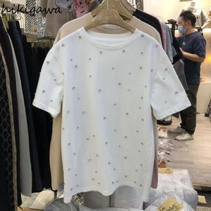T-shirts Femmes Blanc Femme T-shirts Mode Summer Tees 2024 Ropa Mujer O-Cou Manches Courtes Casual Tops surdimensionnés Heavy Diamond Y2K