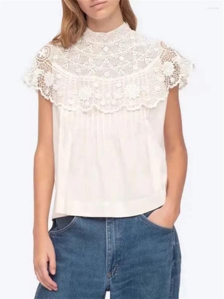 Camisetas para mujer Mujeres blancas Empalmes de encaje Blusa Bordado Hollow Out Stand Collar Sin mangas Verano 2024 Camisa de algodón femenina Tops
