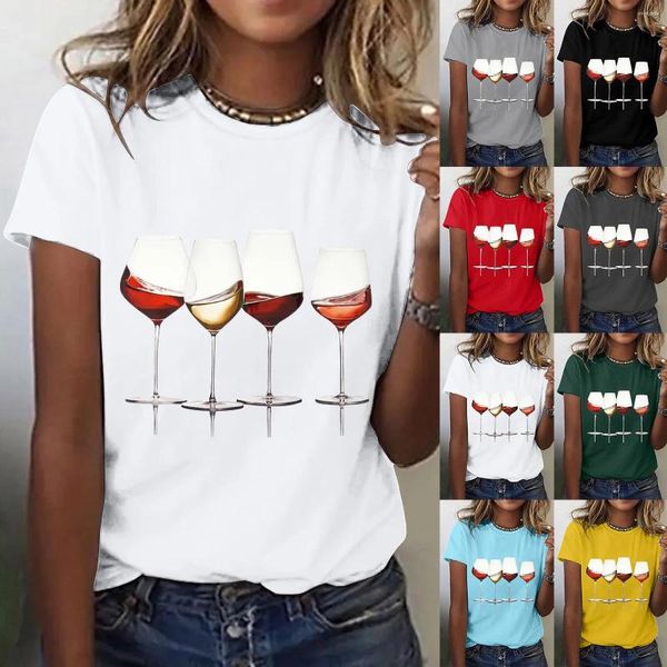 T-shirts pour femmes T-shirts imprimés en verre de vin Chemise courte à col roulé pour femmes Basics Femme Summer Tops soyeux