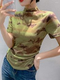Camisetas para mujer Winsleter, camiseta básica elegante, camisetas de manga corta, camisetas ajustadas con estampado de mariposa y cuello vuelto para verano y otoño para mujer T38339JC