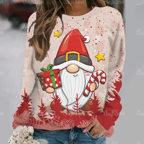 T-shirts Femmes Hiver Femmes T-shirt Noël Pull à manches longues Santa Claus Imprimer Tee Tops Dames O Cou Surdimensionné Vêtements De Mode