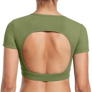 T-shirts pour femmes à manches longues pour femmes T-shirts à dos ouvert pour femmes Tops Coussinets amovibles Workout Backless Shirt Bra Top Tech Stretch