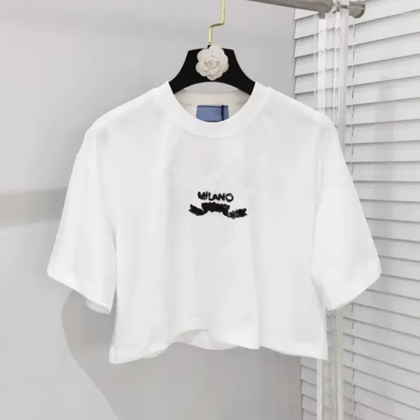 Camisetas para mujer Ropa de mujer 2023 Verano P Familia Pequeño Blanco Cuello redondo Letra Lentejuela Bordado Corto Casual Camiseta suelta Top Mujeres