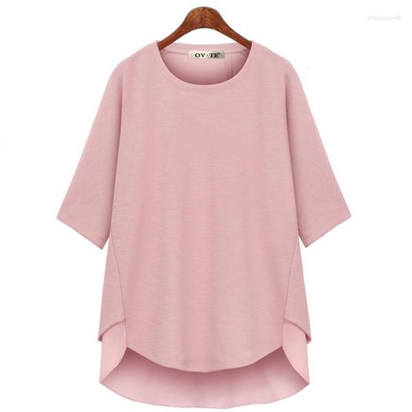 T-shirts femme été couleur unie tricot mousseline de soie mode Double ourlet O cou manches mi-longues lâche et Pack chemise femmes Fit