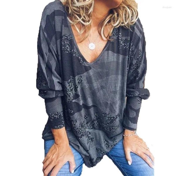 T-shirts Femmes T-shirts Femme T-shirts Grandes tailles 5XL Blouse Femmes Mode Camouflage Imprimer Casual Lâche Femme Manches longues Sexy V-Cou Tops