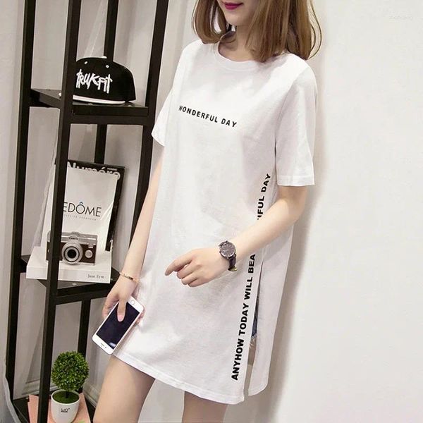 T-shirts Femmes Femmes 2024 Été Coréen Mode Imprimer Longue Lâche Slit Femme Top T-shirts Chemise En Coton Casual Manches Courtes Dames T-shirt