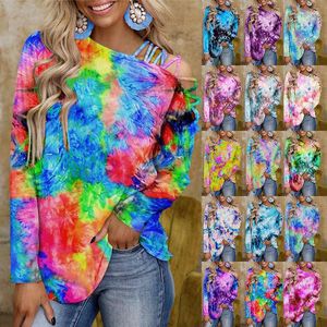 Camisetas de mujer 2023 moda gradiente Tie Dye impreso manga larga personalidad Casual fuera del hombro pulóver S-3XL