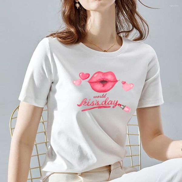 T-shirts Femmes Femmes 90s Mode Été T-shirt Dames Tops All-Match Blanc Amour Lèvres Rouges Imprimer Série Casual Manches Courtes Banlieue