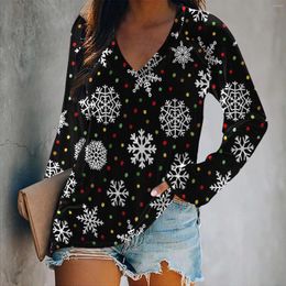 T-shirts pour femmes Femmes Casual Femmes Tops Tuniques Mignon Noël Neige Imprimer Plissé Col En V À Manches Longues Chemisier Dames