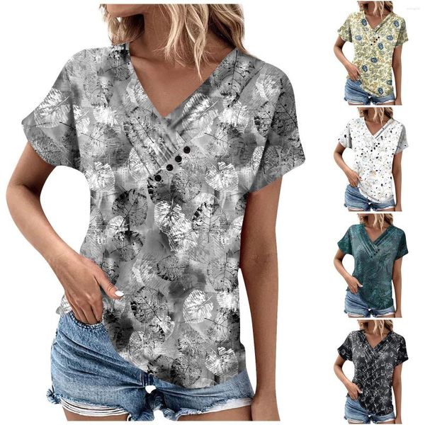 Camisetas de mujer, camiseta de manga corta con cuello en V informal a la moda para mujer, ropa de verano para mujer con estampado plisado y botones estampados para el cuidado de la piel