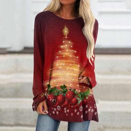 T-shirts pour femmes Robe tunique de vacances pour femmes Manches longues Col rond Impression d'arbre de Noël Mini fête