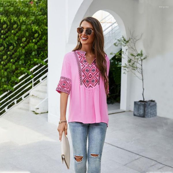 Camisetas de mujer, blusas bordadas mexicanas para mujer, estilo bohemio, cuello en V, campesina, verano, camisa de media manga, túnica Bohemia, blusas Hippie