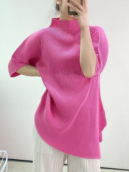 T-shirts femme T-shirt col montant rose femme Miyake plissé été mode ample grande taille mi-long fendu haut