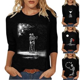 T-shirts pour femmes Chemise pour femme T-shirt Crâne Squelette Imprimé Manches Longues Halloween Week-End Basique Col Rond Chemisier De Peinture Régulier