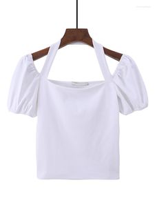 Dames t shirts dames massieve halter nek slanke casual breien tops vrouwelijke korte dunne puff mouw 2022 zomer mode tee shirt femme