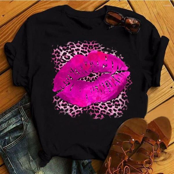 T-shirts Femmes Été Casual Mode Lèvres Léopard Imprimer O-Cou À Manches Courtes Tee Tops Femme Plage Travail De Base Streetwear Tissu