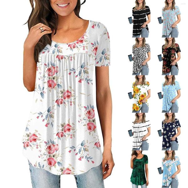 Camisetas de mujer, camisetas de verano con cuello redondo y estampado plisado, camisetas cortas de manga larga para mujer, blusas con puños, blusas grandes para mujer