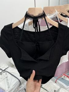 T-shirts femme T-shirt femme Harajuku noir coréen Y2k Sexy licou cou dentelle Tee Top vêtements mode Vintage à la mode blanc 2023