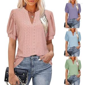 T-shirts voor dames T-shirt Lente en zomer Vrije tijd V-hals Effen kleur Hollow Bubble Sleeve Losvallend mode-straatshirt