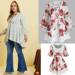 Dames t -shirts dames T -stukken 5xl 4xl bloem haakpleeg geplooide dames button up v nek lange tops massief losse casual streetwear