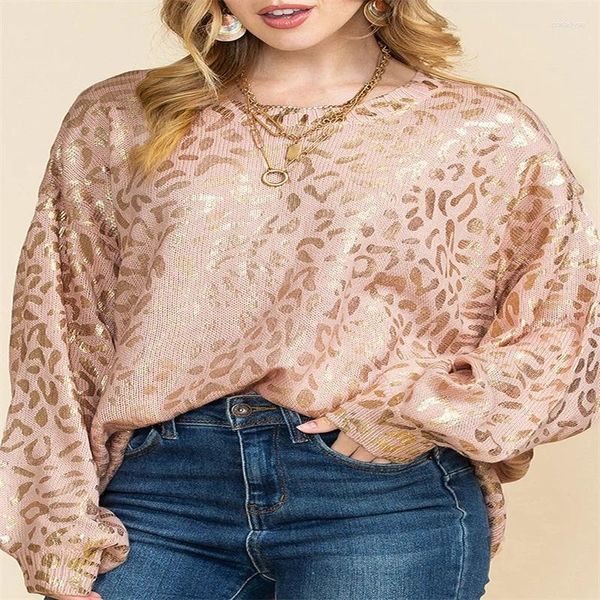 Camisetas para mujer Mujeres Otoño Invierno Rociado Oro Leopardo Estampado Linterna Mangas O-cuello Jersey Punto Tops American Trend Casual