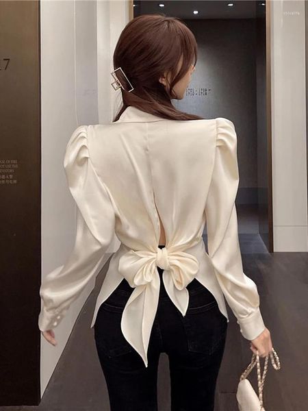 Camisetas para mujer Mujeres Back Bow Elegante Camisa de manga de soplo Moda Slim Office Lady Blusa casual Coreano Hollow Out Turn Down Collar Tops