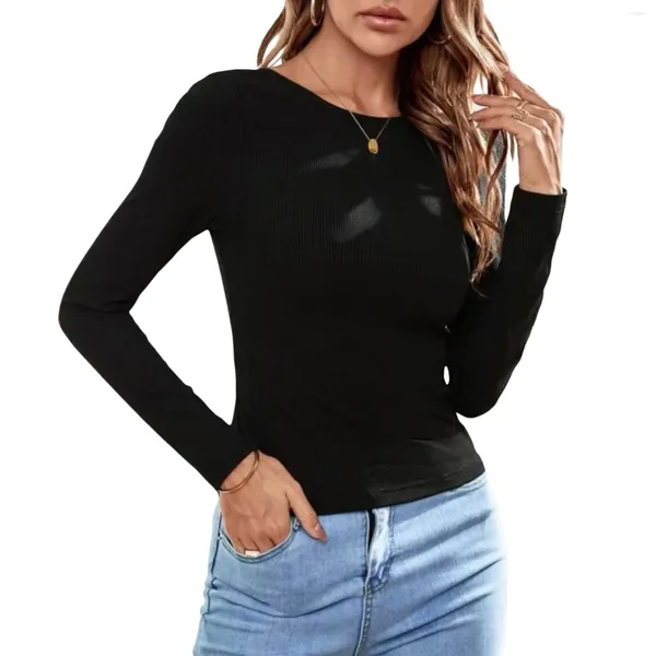 T-shirts Femmes Femmes Dos Nu Dentelle Patchwork T-shirt Noir À Manches Longues Col Ras Du Cou Slim Fit Hauts Chemise Streetwear