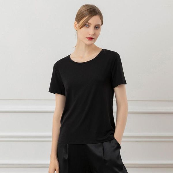 T-shirts pour femmes T-shirts noirs pour femmes Été décontracté Mûrier Soie Mélange de viscose T-shirts Col rond Manches courtes Couleur unie Tops Lisse Simple