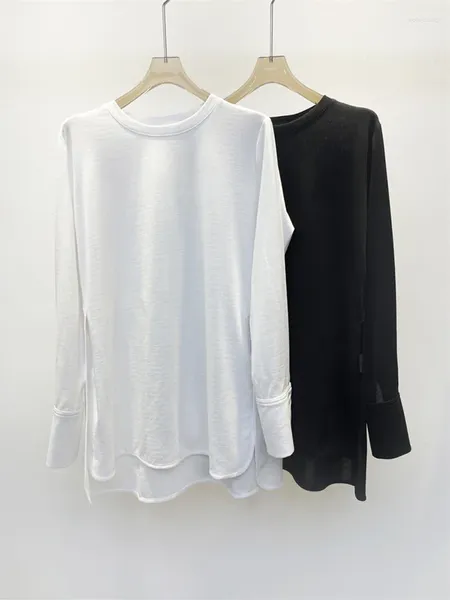 Camisetas para mujer, camiseta dividida en blanco y negro para mujer, camiseta cómoda y versátil básica holgada de manga larga con cuello redondo para mujer 2024