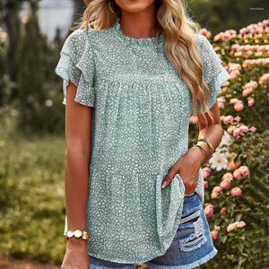 Camisetas de mujer Blusa de mujer Combina con todo Suelta O Cuello Elástico Costura fina Todos los días Uso de la piel Punto de contacto Estampado de gasa Top Ropa diaria