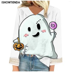 Damen-T-Shirts, Damen-Bluse, Halloween-Druck, Sweatshirt, Damen, V-Ausschnitt, Langarm, lässig, locker, Geist, Streetwear, Pullover, Tops, Herbst