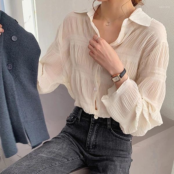 Camisetas para mujer, camiseta informal de manga larga con cuello vuelto, camiseta lisa, Tops acampanados elegantes Vintage de gasa para primavera 2024