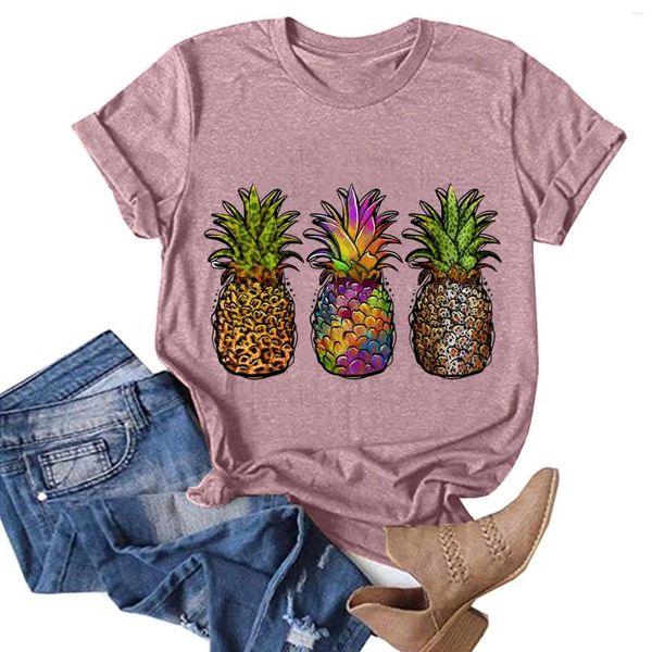 T-shirts pour femmes Femmes Casual Ananas Impression Col rond Manches courtes Tee Tops Tunique Blouse