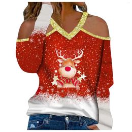 T-shirts pour femmes Femmes Casual Tops Blouse Col en V Imprimé de Noël Manches Longues Chaud Pull Chemise Épaule Froide Doux