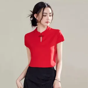 Camisetas de las mujeres camiseta de estilo chino moda de verano fina cheongsam stand collar manga corta camisetas sueltas tops elegante algodón rojo