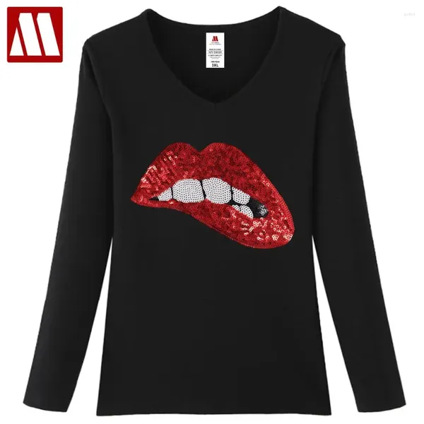 T-shirts Femmes Femmes Coton Drôle T-shirt à paillettes Mode Paillettes Lèvres rouges Lady T-shirt à manches longues O-Cou Kawaii T-shirt Femme