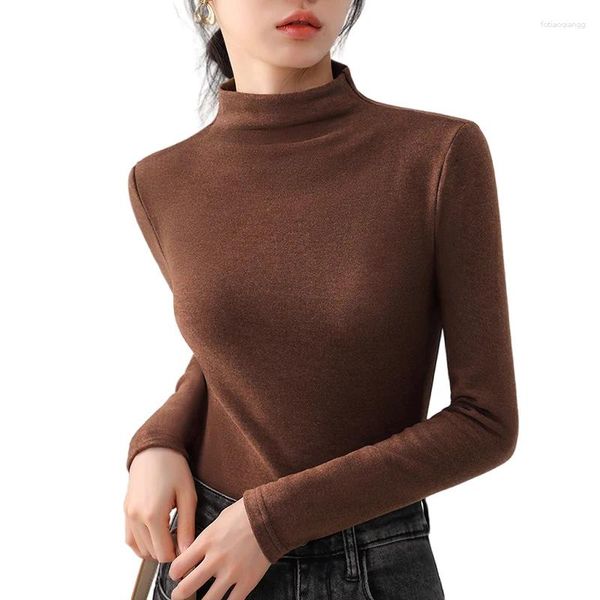 Camisetas para mujer Camiseta de algodón para mujer Camisetas de cuello alto de Color sólido para mujer Ropa de manga larga Camisetas femeninas para invierno y otoño