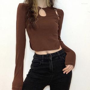 T-shirts Femmes Femmes Découpé Crop Tops Printemps Eté Col Rond Bouton Connecté Ourlet Irrégulier Top Streetwear Manches Longues Marron Pour