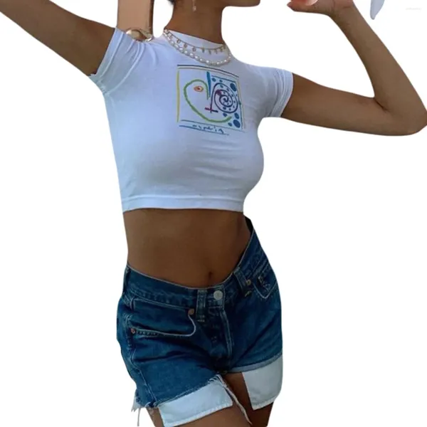 T-shirts Femmes Femmes Mignon Graphique Imprimer Crop Top T-shirt Esthétique À Manches Courtes Tee Tops E Girl Vêtements Blanc