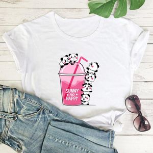 T-shirts voor dames Leuke pandapatroon-t-shirts voor dames Eenvoudig veelzijdig shirt met korte mouwen Losse top Zonnig en gelukkig alfabet T-shirt