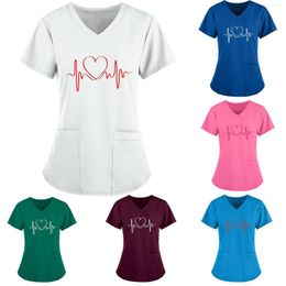 Dames T-shirts Dames Ecg Print Uniform Korte mouw V-hals Tops Werkende zak Blouse Accessoires Scrub Verpleging