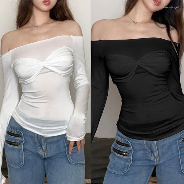 Camisetas para mujer Moda para mujer Otoño Manga larga Crop Top Sexy Off Hombro Fruncido Bodycon Camiseta H7EF