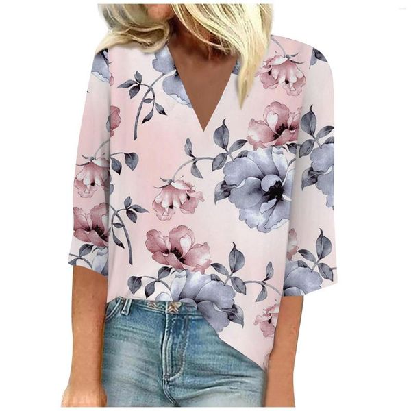 Camisetas de mujer Moda para mujer Estampado floral 3/4 Manga con cuello en V Tops Camisa Blusa Casual suelta Señora Camisetas de gran tamaño Camiseta