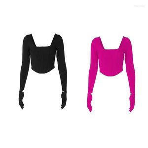 T-shirts pour femmes Mode féminine Goth Pull à manches longues Crop Top avec des gants Couleur unie Col carré Casual Slim T-shirts ajustés Blouse