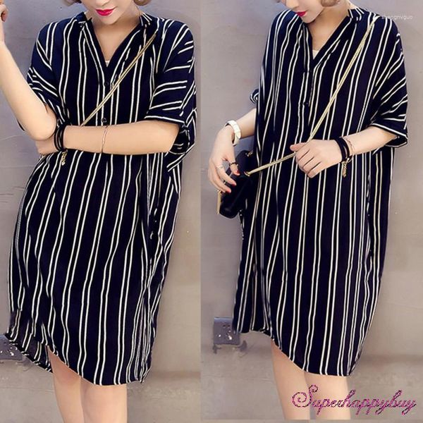 T-shirts pour femmes Mode d'été Sexy Casual Loose Striped Shirt Midi Dress Plus Size